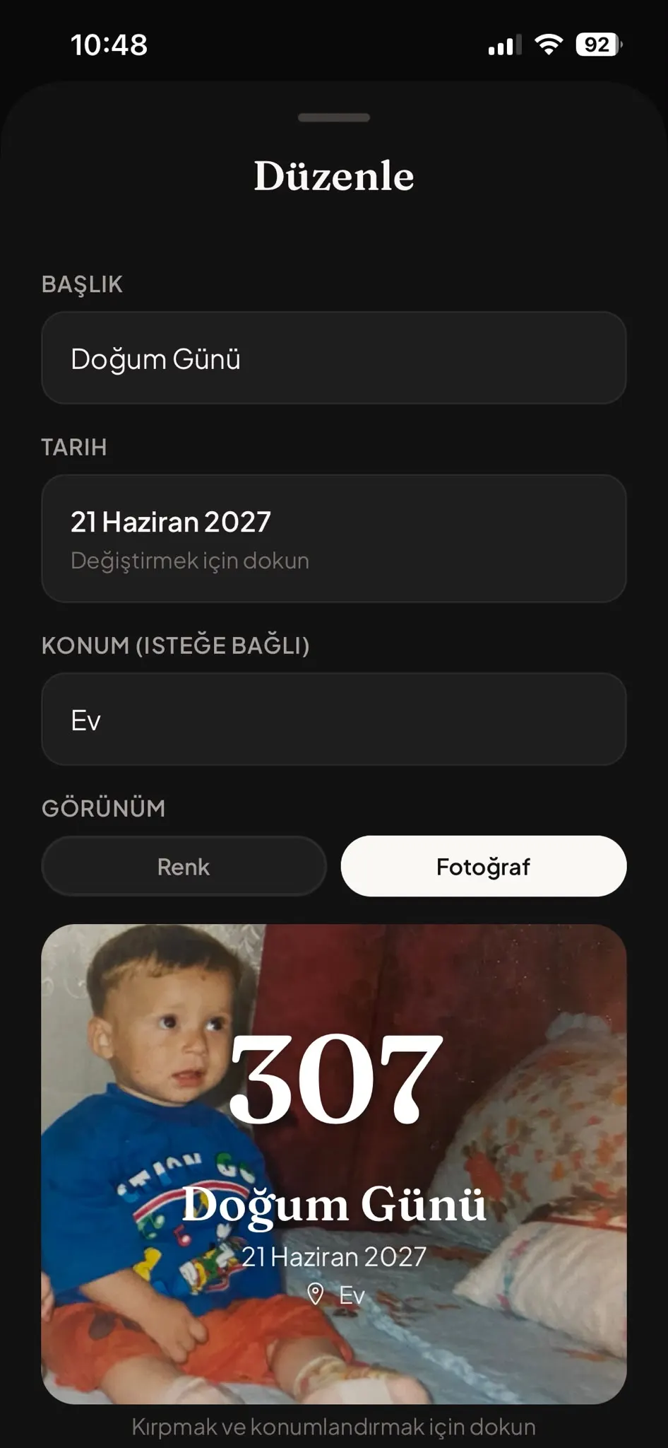 Fotoğraflı doğum günü kartı düzenleme ekranı