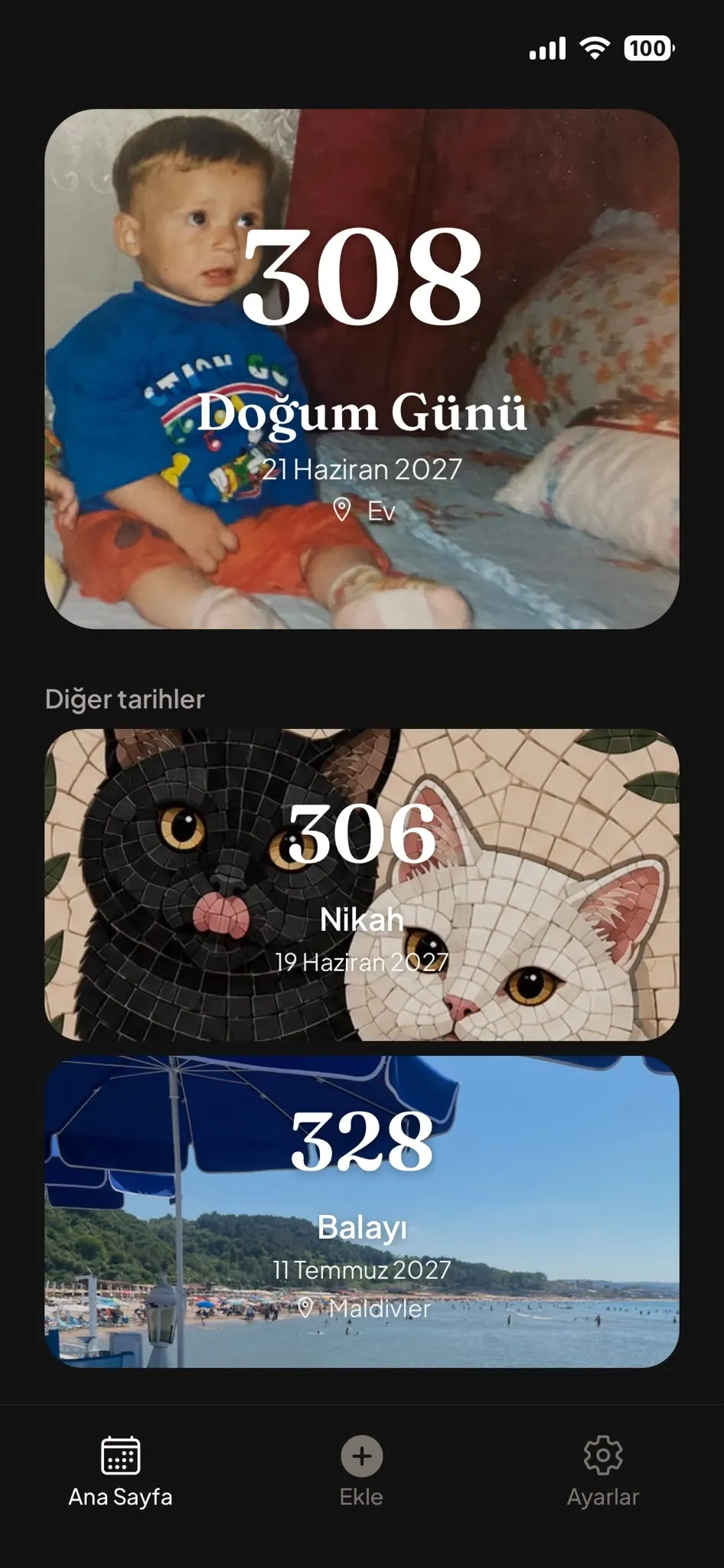 Anımsat ana ekranı: fotoğraflı tarih kartları ve kaç gün kaldığı
